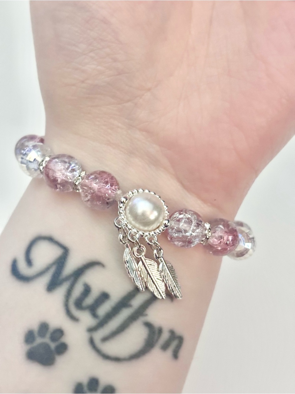Silver Feather Pearl Charm Bracelet with Pink and Clear Beads - Picture 5 of 5